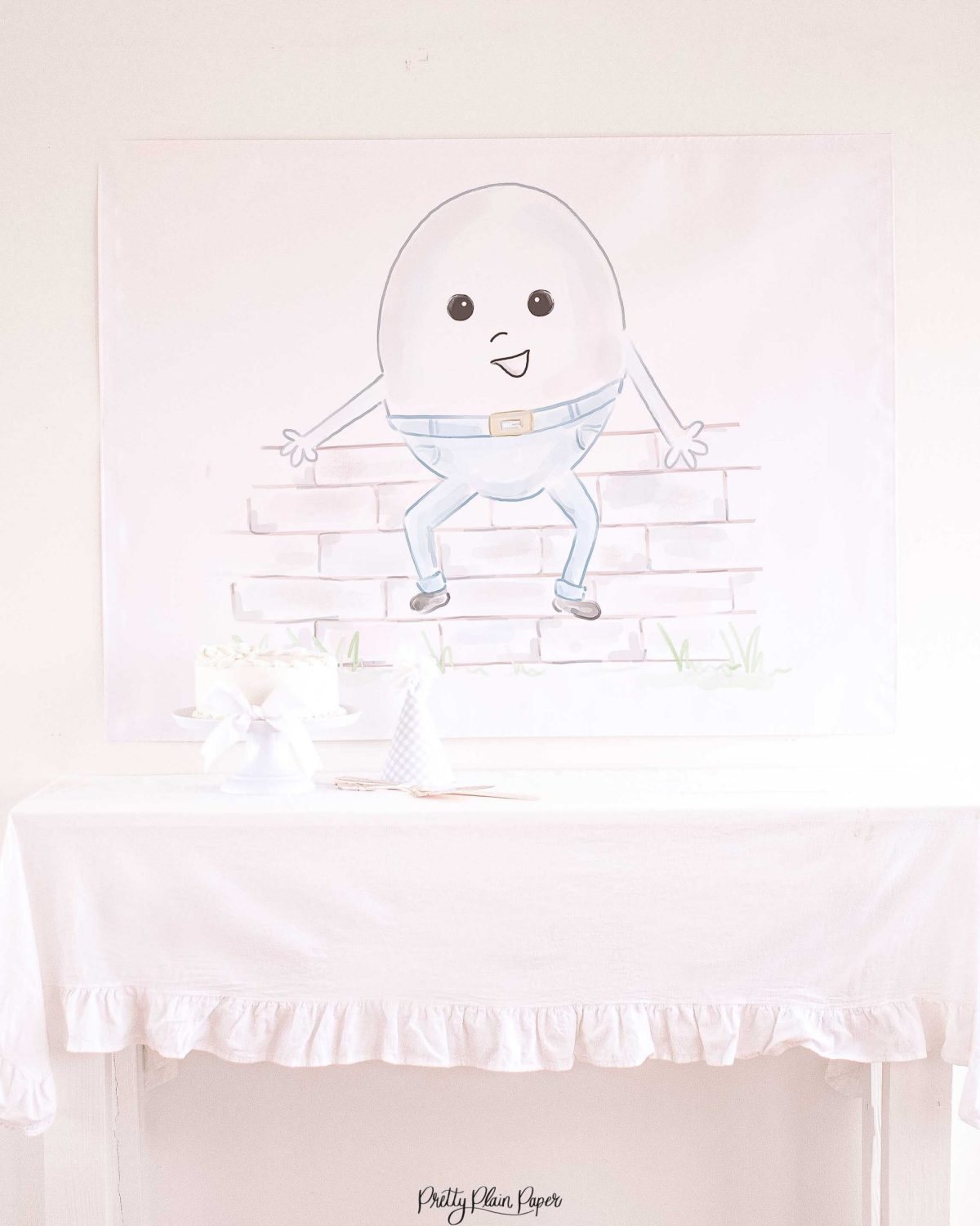Watercolor Humpty Dumpty Backdrop by Pretty Plain Paper for a Humpty Dumpty Birthday or Baby Shower