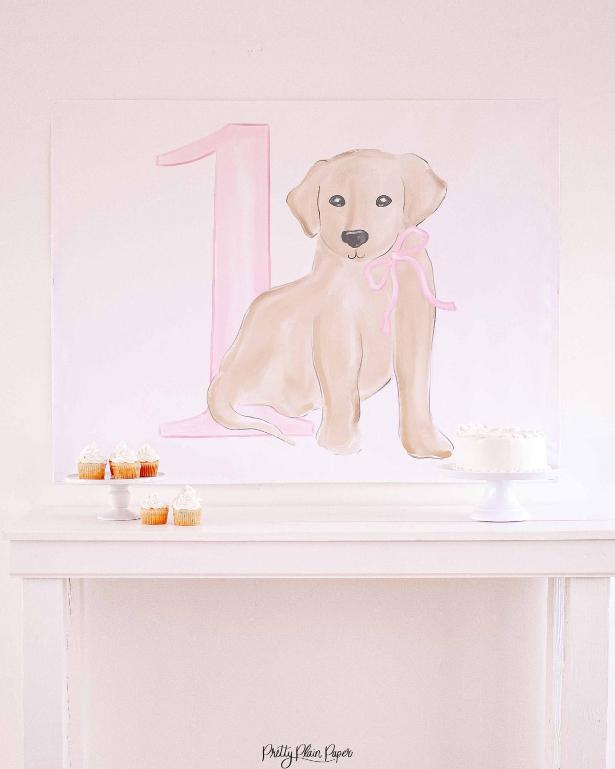 Watercolor Pink Puppy Party Backdrop by Pretty Plain Paper, Pink Puppy Party Decor