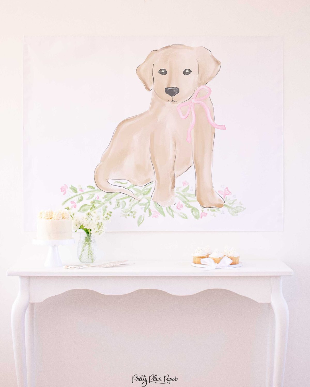 Watercolor Pink Puppy Party Backdrop by Pretty Plain Paper, Pink Puppy Party Decor