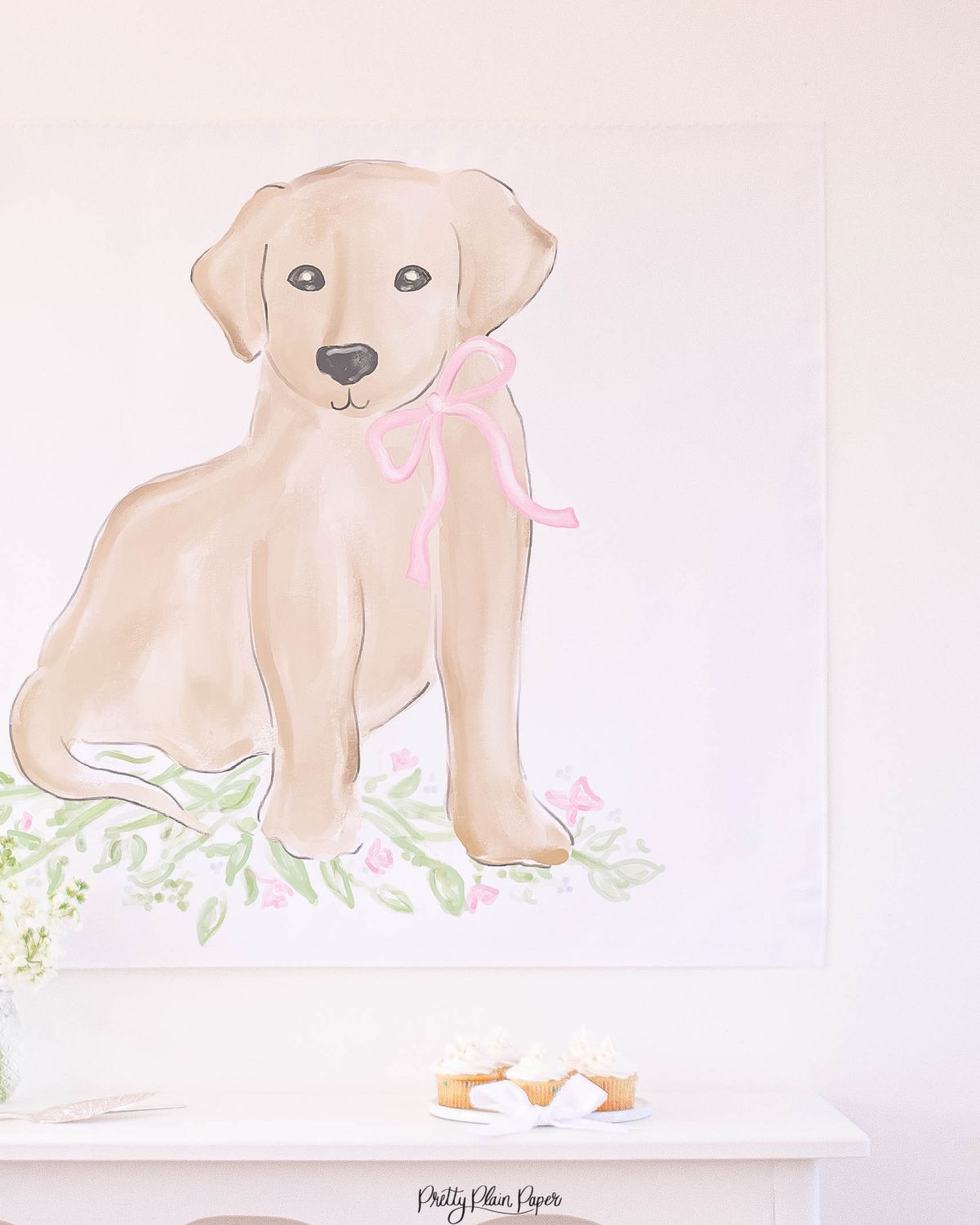 Watercolor Pink Puppy Party Backdrop by Pretty Plain Paper, Pink Puppy Party Decor