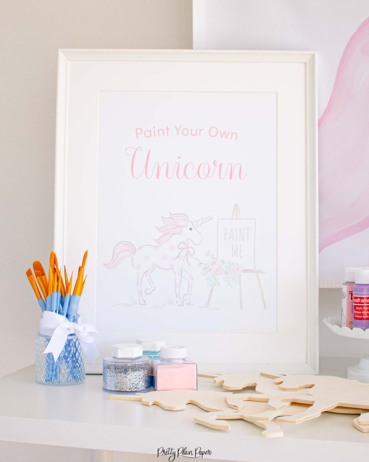 Paint a Unicorn Sign for a Unicorn Party Favor or Party Activity by Pretty Plain Paper; A Watercolor Unicorn Party Set
