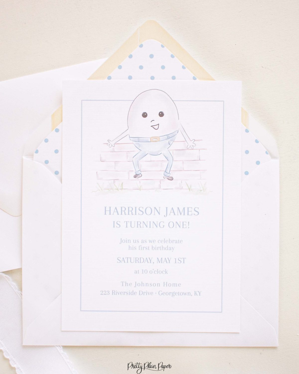Humpty Dumpty Invitation by Pretty Plain Paper for a Humpty Dumpty Birthday or Baby Shower