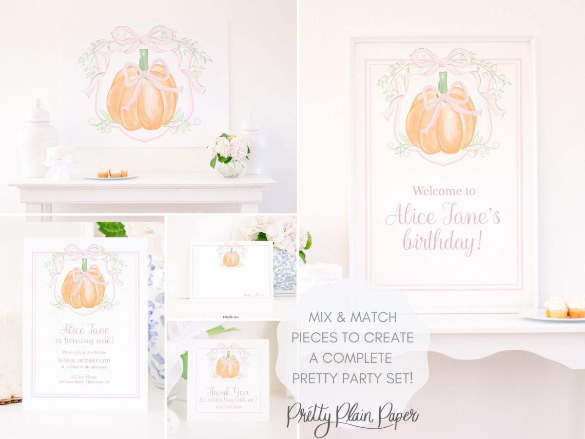 Watercolor Pink and Orange Pumpkin Crest Party Set by Pretty Plain Paper for a Pretty Pumpkin Theme Birthday, Bridal Shower or Baby Shower