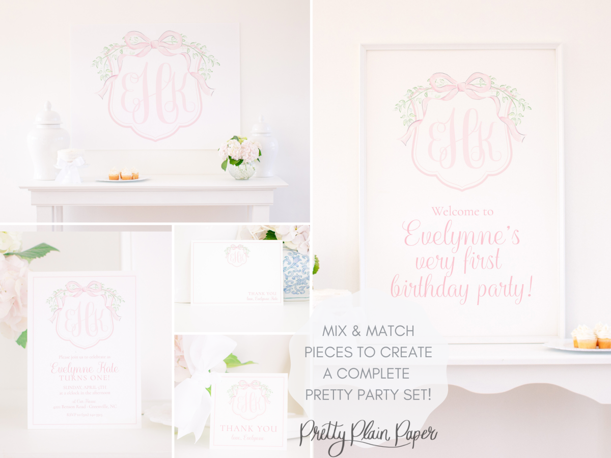 Watercolor Pink Crest with Bow Invitation and Party Set by Pretty Plain Paper