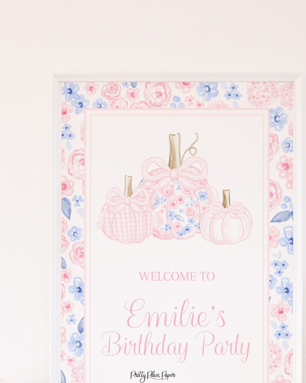 Pink Floral and Gingham Pumpkins Welcome Sign for a Pumpkin Theme Birthday Party or Baby Shower by Pretty Plain Paper