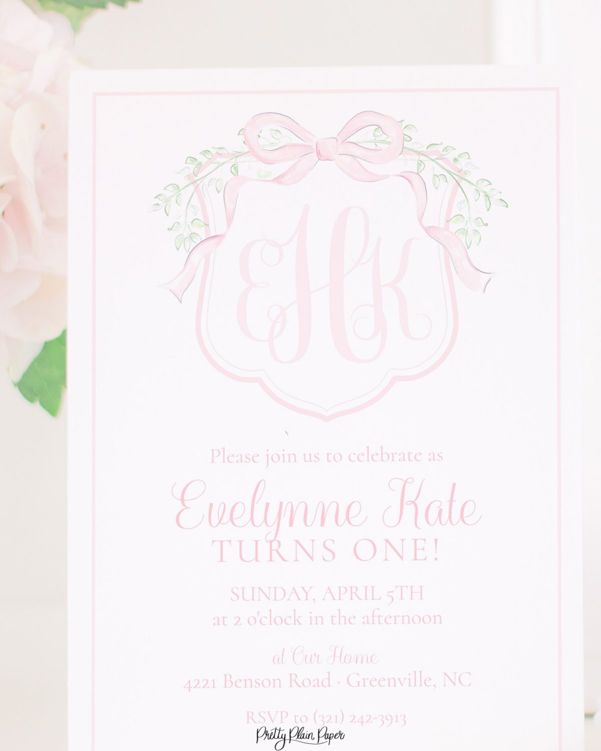 Watercolor Pink Crest with Bow Invitation