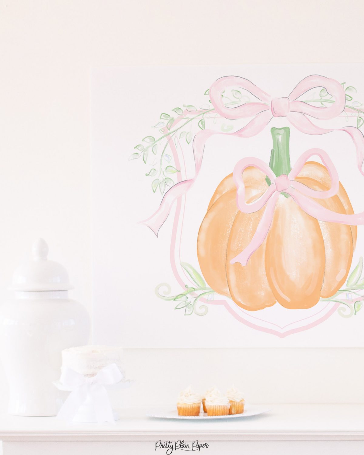 Watercolor Pink and Orange Pumpkin Crest Backdrop Banner by Pretty Plain Paper for a Pretty Pumpkin Theme Birthday, Bridal Shower or Baby Shower