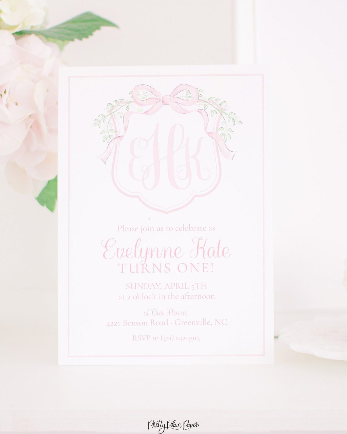 Watercolor Pink Crest with Bow Invitation