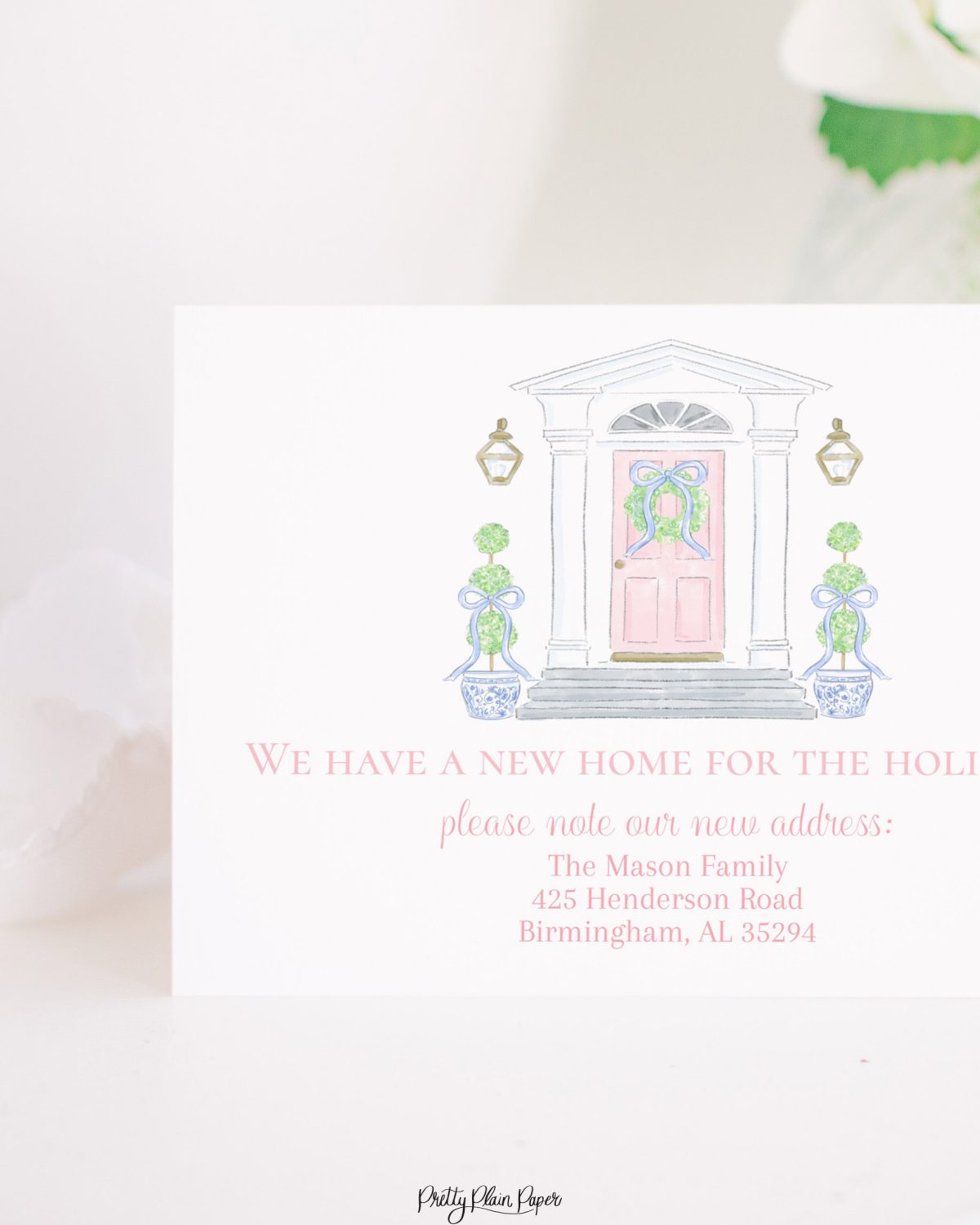 Watercolor Christmas Card with Photo by Pretty Plain Paper a Grandmillennial Christmas Card with Pink Bow and Green Wreath New Home or Moving Announcement, We've Moved Holiday Card Insert for New Address with Blue and White Chinoiserie Topiary