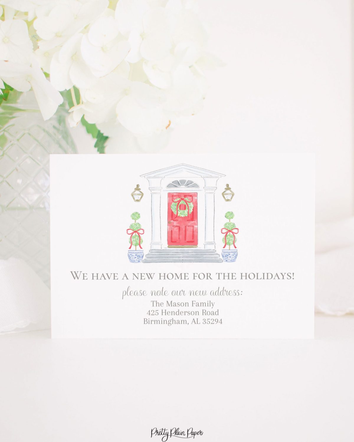 Watercolor Christmas Card with Photo by Pretty Plain Paper a Grandmillennial Christmas Card with Red Bow and Green Wreath New Home or Moving Announcement, We've Moved Holiday Card Insert for New Address with Blue and White Chinoiserie Topiary