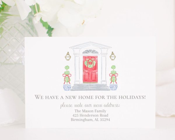 Watercolor Christmas Card with Photo by Pretty Plain Paper a Grandmillennial Christmas Card with Red Bow and Green Wreath New Home or Moving Announcement, We've Moved Holiday Card Insert for New Address with Blue and White Chinoiserie Topiary