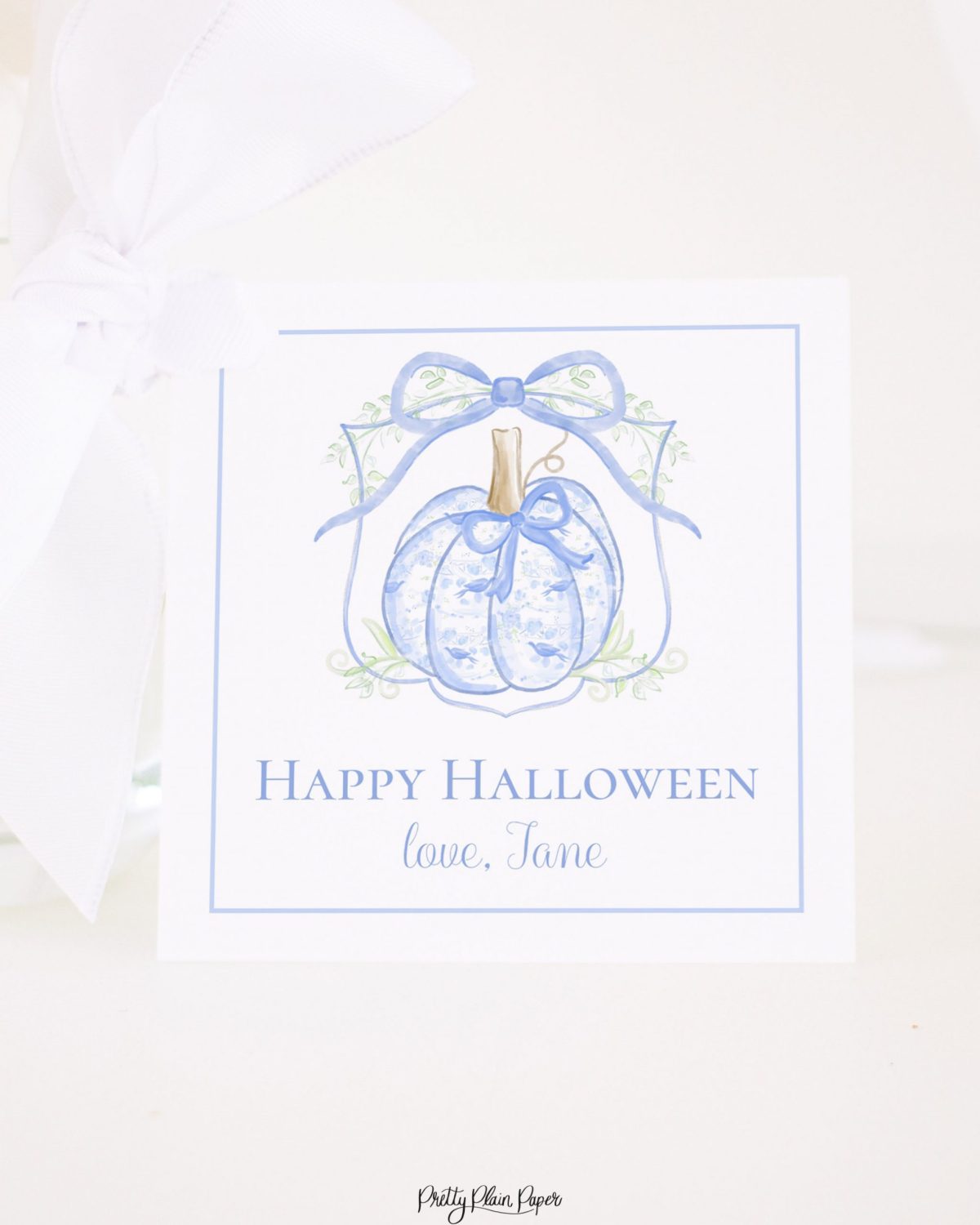 Blue Chinoiserie Pumpkin Halloween Treat Tag by Pretty Plain Paper for School or Classroom Halloween Treat Bag Tags or Gifts