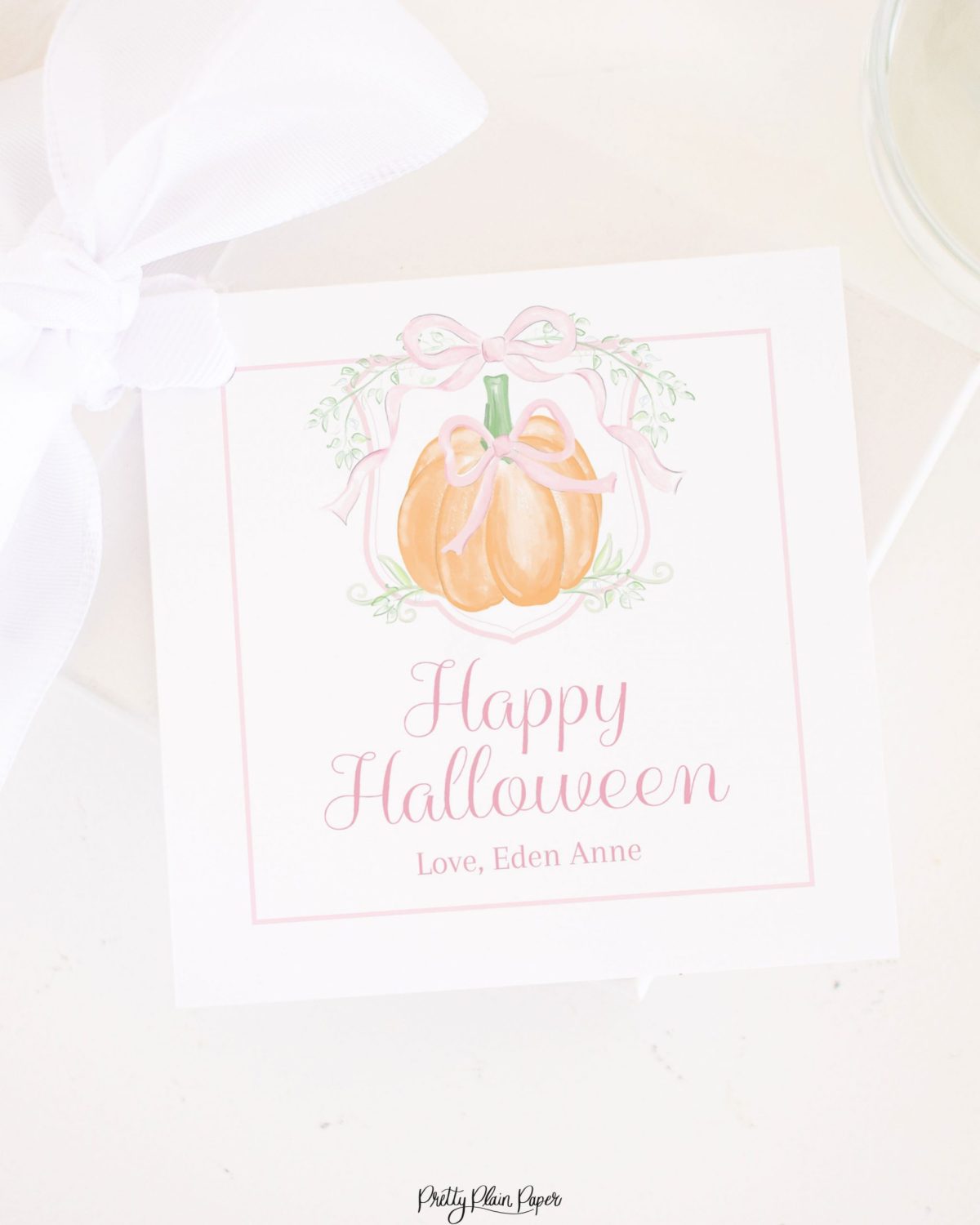 Pink Pumpkin Crest with Bow Halloween Treat Tag by Pretty Plain Paper for School or Classroom Halloween Treat Bag Tags or Gifts
