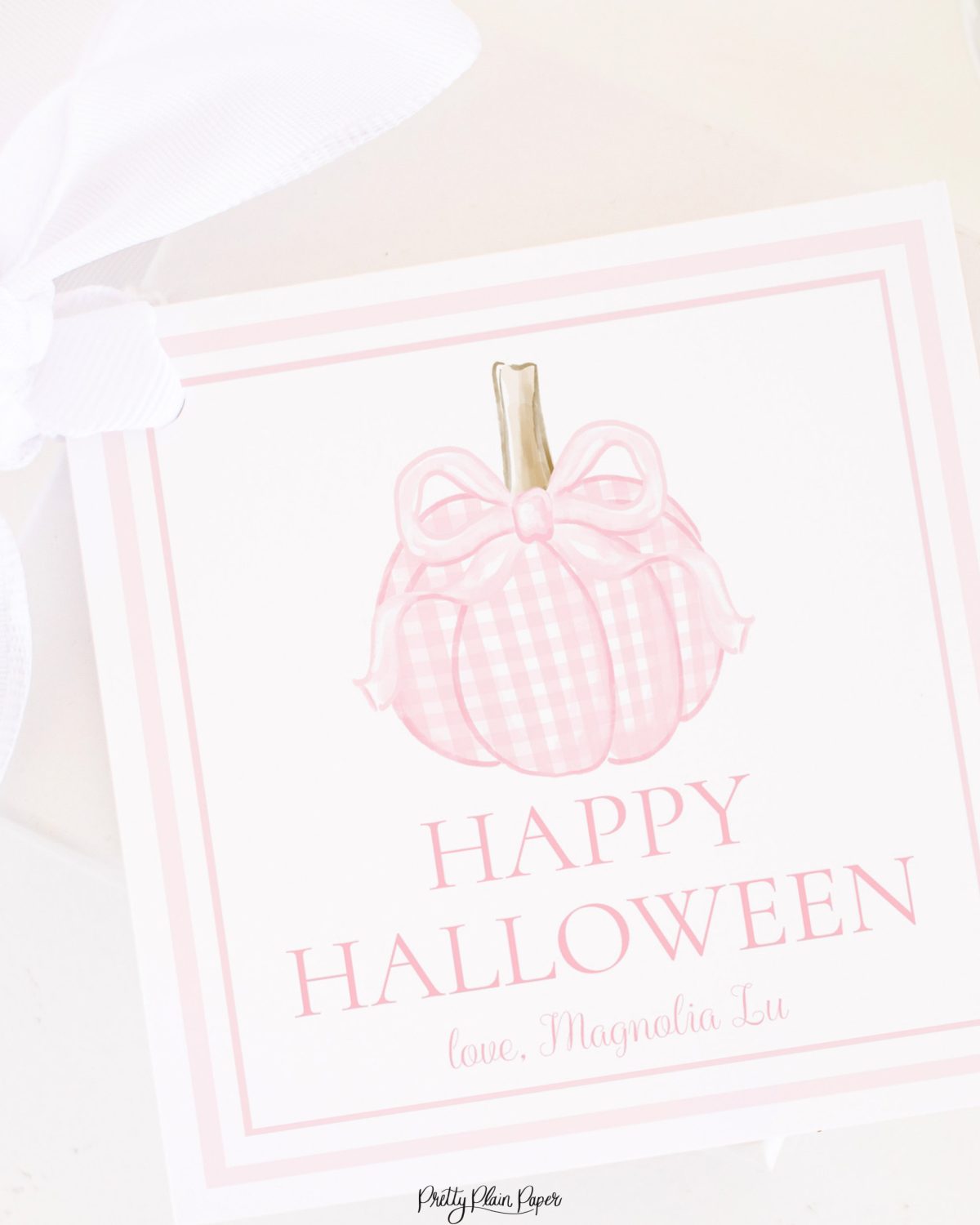 Pink Gingham Pumpkin with Bow Halloween Treat Tag by Pretty Plain Paper for School or Classroom Halloween Treat Bag Tags or Gifts