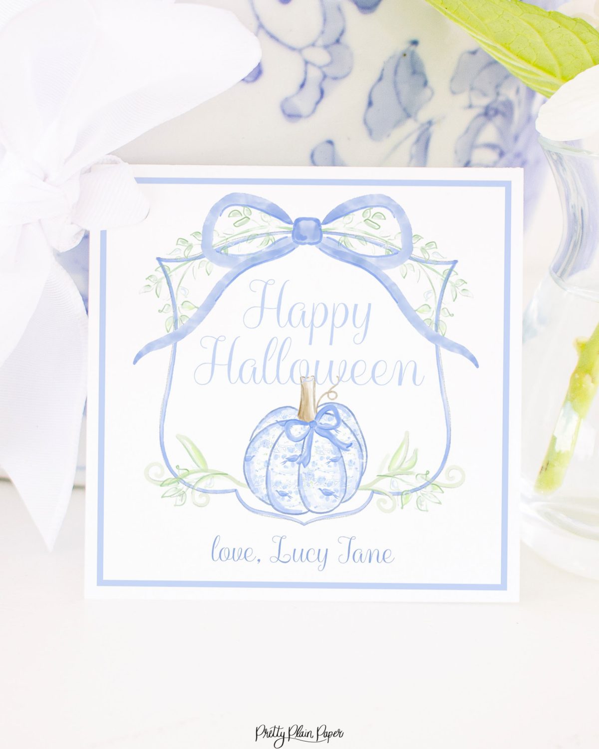 Blue Chinoiserie Pumpkin and Monogram Crest Halloween Treat Tag by Pretty Plain Paper for School or Classroom Halloween Treat Bag Tags or Gifts
