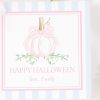 Pink Pumpkin and Blue Stripes Halloween Treat Tag by Pretty Plain Paper for School or Classroom Halloween Treat Bag Tags or Gifts