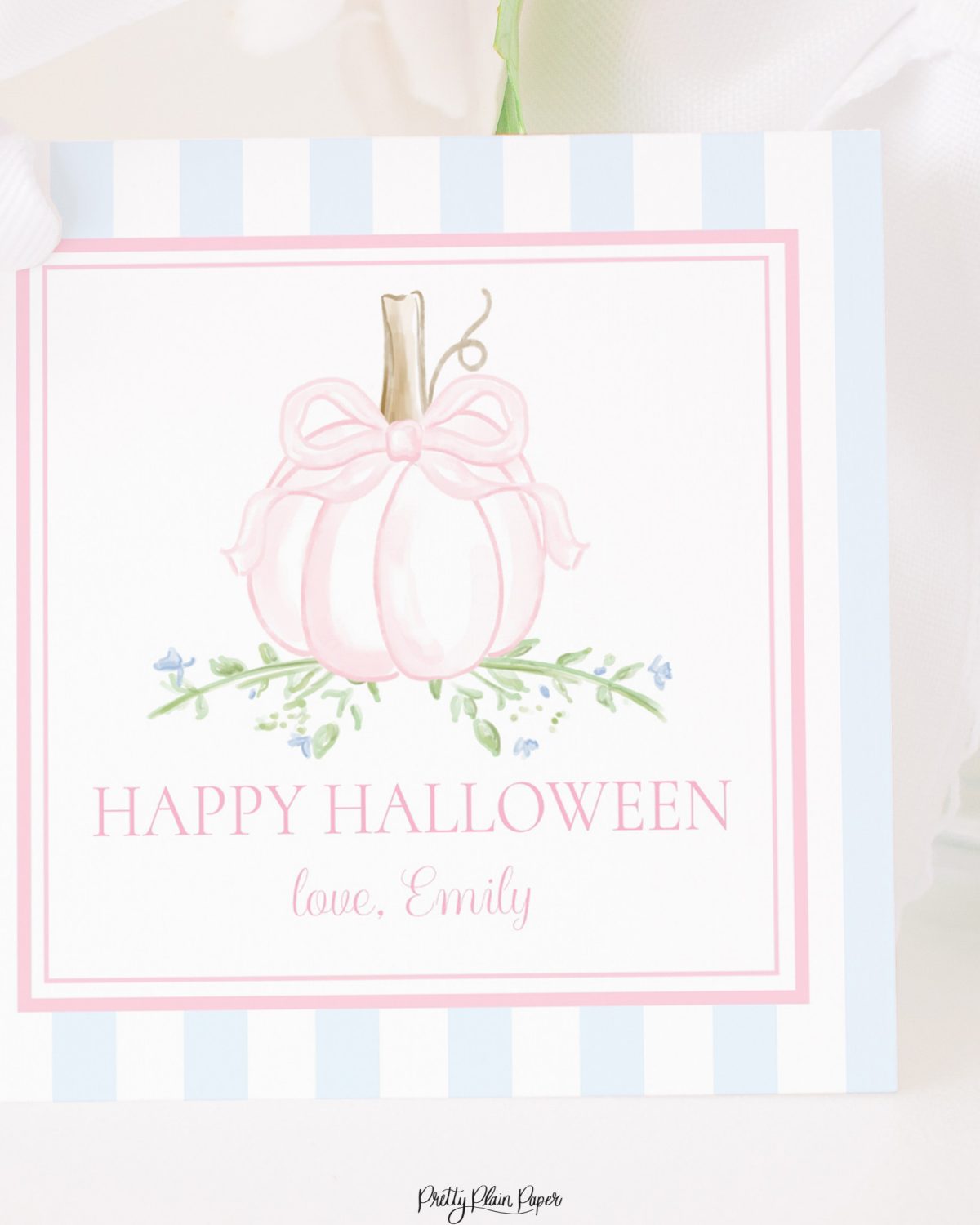 Pink Pumpkin and Blue Stripes Halloween Treat Tag by Pretty Plain Paper for School or Classroom Halloween Treat Bag Tags or Gifts